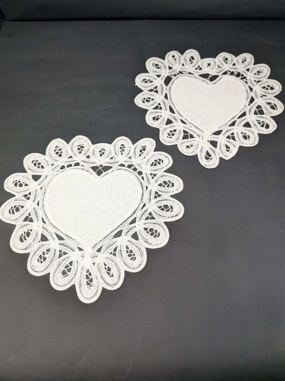 Set of 2 White Lace Heart Doilies Grid Center Cross Stitch Base 8x7 NWT